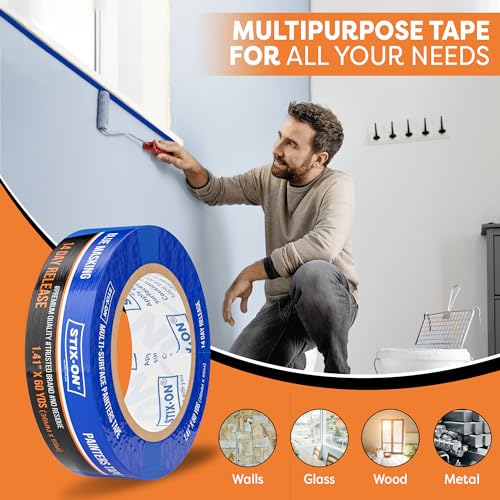STIX-ON Painters Tape 1.5 inch Wide, 24 Roll Painting Tape, Blue Masking Tape for Painting Walls, DIY, Surface-Safe & Residue-Free, Edge Paint, 1.41 Inch X 60 Yards X 24 Rolls, Bulk