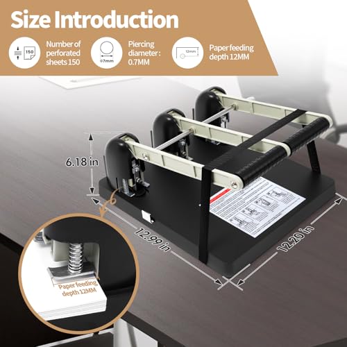 Heavy Duty 3 Hole Punch for Binder 150 Sheet Capacity, Professional Paper Hole Puncher with Ergonomic Handle & Replaceable Cutter Head,Large Tray for Office Home School Print Shop Use