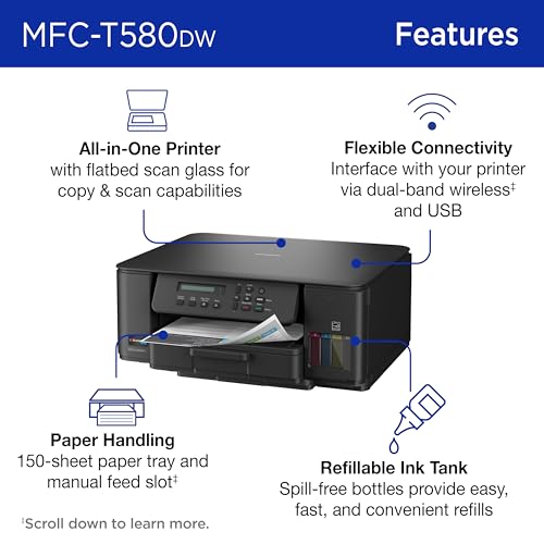 Brother INKvestment Tank 580 Wireless Color Inkjet All-in-One Printer | Includes up to 3 Years of Ink in-Box(1) and 3-Year Limited Warranty(2) (MFC-T580DW)