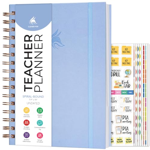 Clever Fox Teacher Planner Spiral, Undated Gradebook Homeschool Periwinkle
