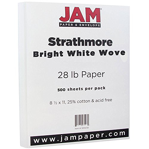 JAM PAPER Strathmore 28lb Paper - 105 gsm - 8.5 x 11 - Bright White Wove - 500 Sheets/Ream
