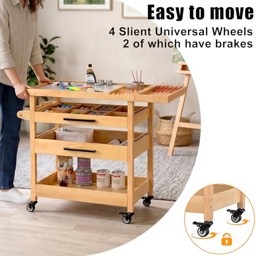 GDLF Solid Beech Wood Art Cart, Artist Taboret with Tempered Glass Palette