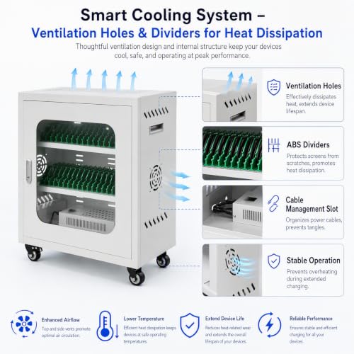 Yellulu 40-Device Charging Cabinet | Laptop Lock Box for iPad Tablet Fits 8" Screen | Mobile Storage Cart | with Cable Management and Charger Storage | for Classroom, Library, and Office (White)
