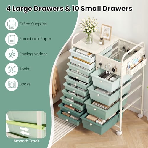 LDAILY Rolling Storage Cart with Drawers & Pegboard, for Classroom, Green