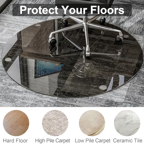 55" x 55" Round Tempered Glass Chair Mat for Carpet & Hardwood, Heavy-Duty Glass Floor Mat for Office Chair, Durable Glass Desk Mat for Home and Office, Grey