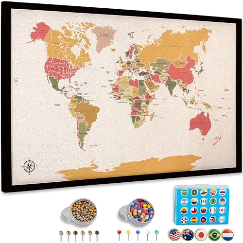 World Map Pin Board Large 30"x20" Framed | Colored Cork Wall Map with Country Flags, Metallic & Colored Pins | World Travel Map with Pins | Unique Push Pin Map Gift for Travelers, Couples & Families. (Multicolor)