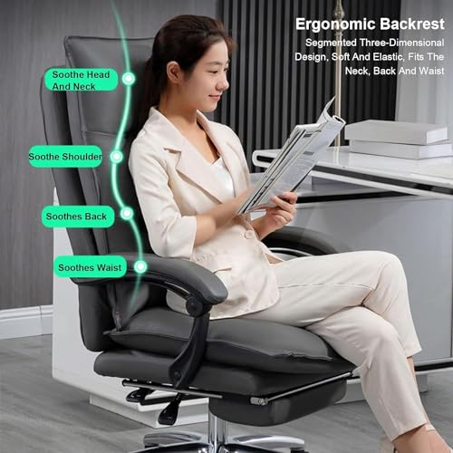 XMFBSY Genuine Leather Office Chair w/Retractable Footrest Ergonomic Fully Reclining Executive Computer Chair Comfort High-Back Swivel Boss Task Chair, Khaki