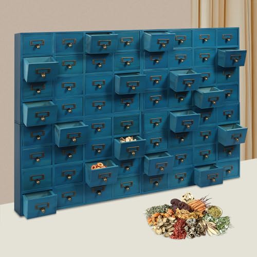 Fulavorty 64-Drawer Wooden Storage Box,Retro Desktop Organize,4 PCS Drawer Cabinets,Multi-Level Wooden Storage Drawers (64 drawer Blue)