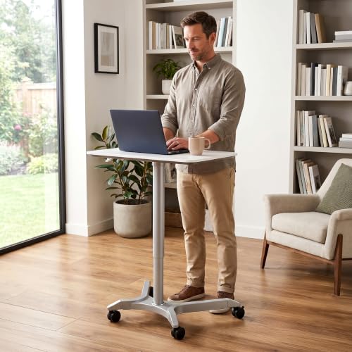 Seville Classics Airlift Height Adjustable Pneumatic Laptop Sit Stand Desk Mobile Rolling Cart, Computer Workstation for Home Office, Classroom, White, 28" Premium Desktop (New Model)