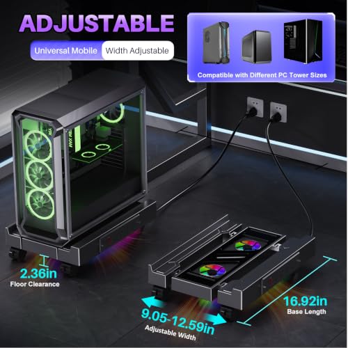 Hovadova Computer Tower Stand with Dual Cooling Fans and Charging Station