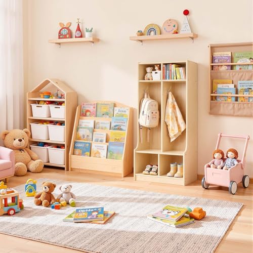 VEVOR 2-Section Coat Locker with Bench, Kids Lockers with 4 Hooks & Non-Slip Mat, Classroom Cubbies for Daycare, Home, Kindergarten- Natural