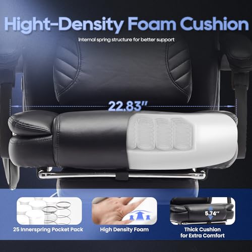 Massage Office Chair with Footrest, High Back Executive Chair, Ergonomic Desk Chair with Removable Pillow, 2 Lumbar Massage Points, Reclining, Leather Computer Chair, Black, Set of 2
