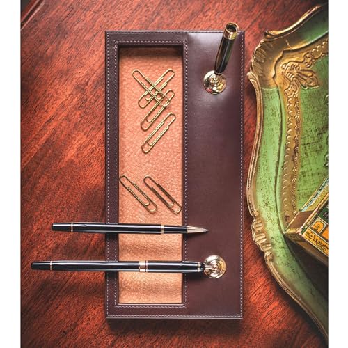 Dacasso Chocolate Brown Leather Double Pen Stand w/Gold Accents - Luxury Executive Decor and Office Desk Surface Protector