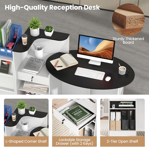 SILKYDRY Reception Desk, 54" Large Retail Checkout Counter with Lockable Drawer and Open Shelves, Wooden Front Desk Reception Counter, Oval Desktop & L Counter for Store Office Lobby Salon