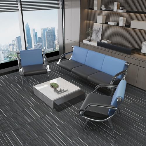 wonline 3 Seat Waiting Room Chair with Armrest PU Leather Office Furniture, Office Guest Seating Lobby Conference Reception Chairs for Airport Clinic Hospital Bank Salon Barber(Blue&Black)