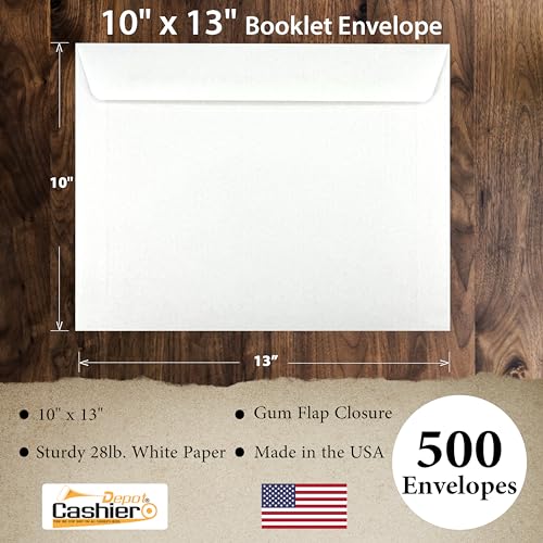 500 Cashier Depot - 10" x 13" Booklet Envelopes, Heavy 28 lb White Wove Paper, Open Side Design, Gummed Flap, 500 Count