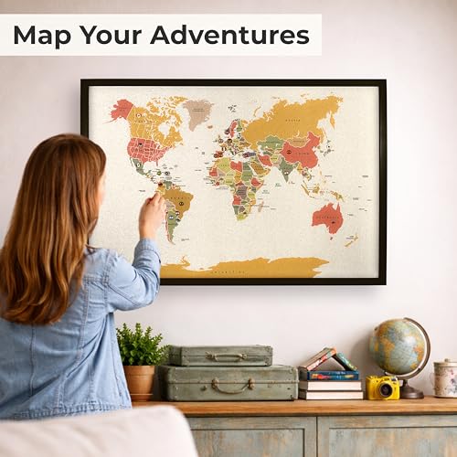 World Map Pin Board Large 30"x20" Framed | Colored Cork Wall Map with Country Flags, Metallic & Colored Pins | World Travel Map with Pins | Unique Push Pin Map Gift for Travelers, Couples & Families. (Multicolor)