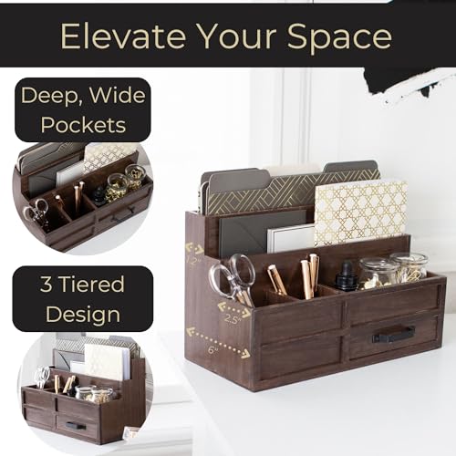 BLU MONACO | Wooden Mail Organizer with Drawer and Pen Holder | Mail Sorter Organizer Countertop for Desk or Kitchen | Outgoing Mail Holder Wood Desktop Storage