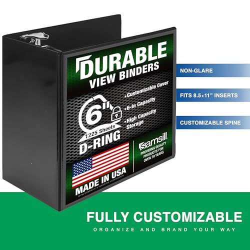 Samsill Durable 6 Inch 3 Ring Binder, Locking D Ring Binder, Customizable Clear View Cover, Charcoal Black, Holds 1225 Pages
