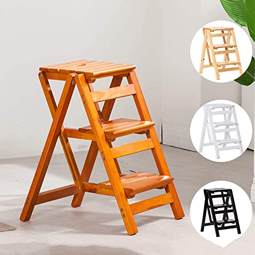 LWJQRSP Folding 3-Step Ladder Stool, Multifunction Wood Step Stool, 3-in-1 with Ladder, Stool and Storage Shelf, (A)