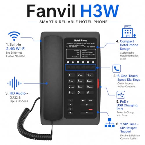 Fanvil H3W Wireless Hotel IP Phone, 2.4GHz Wi-Fi Supported, 2 SIP Lines, 6 Custom DSS Keys, HD Voice, PoE Powered, Desktop & Wall Mountable Business VoIP Phone