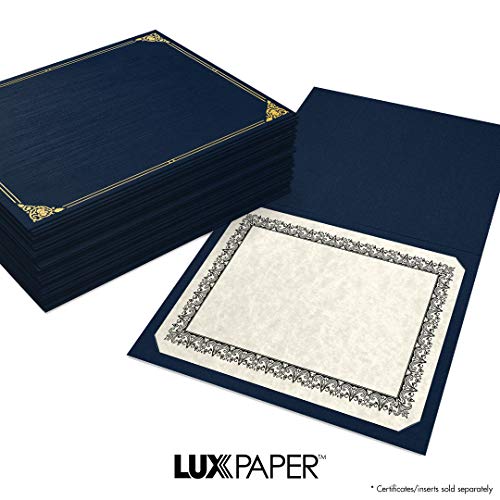 LUXPaper 9.5" x 12" Certificate Holders | Nautical Blue Linen | Embossed Gold Foil Floral Border | 100lb. Cover | 100 Qty
