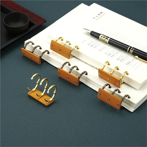 Ring Clips 16pcs Metal 3 Rings Binder Clips with Bamboo Plates Loose Leaf Notebook Book for Album Diary Data(Golden)
