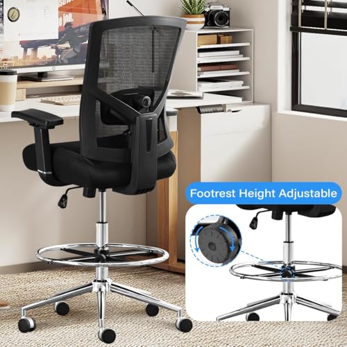 500 lbs Drafting Chair Tall Office Chair for Standing Desk, Ergonomic Office Drafting Chair with Adjustable Lumbar Support, 21" Extra Wide Cushion, Footrest & Pressure Locking Casters, 4D Arms, Black