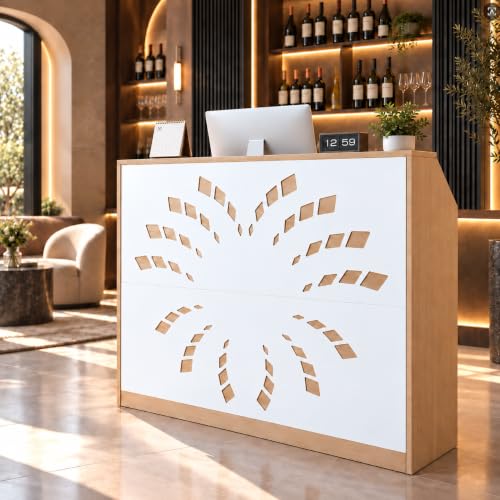 Zevemomo Front Desk Reception Counter with Rolling Cart, Natural+White