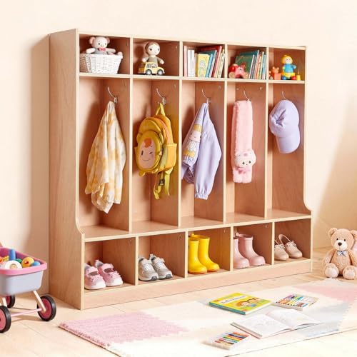VEVOR 5-Section Coat Locker with Bench, Kids Lockers with 10 Hooks & Non-Slip Mat, Classroom Cubbies for Daycare, Home, Kindergarten- Natural