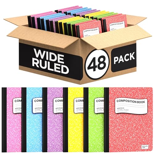 E-CLIPS USA Wide Ruled Composition Notebook Wide Ruled Hardcover Notebooks for School Supplies Notebooks Bulk Hardcover Notebook Pastel 100 Sheets 200 Pages 9.75” x 7.25” (48 Pack, Wide Ruled)