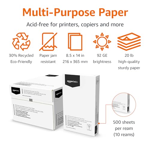Amazon Basics 30% Recycled Multipurpose Copy & Print Paper, 8.5 x 14 in, 20 lb Weight, 92 Bright, White, 5000 Sheets (10 Reams)