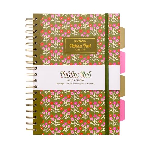 Pukka Pad 5 Subject Spiral Notebook 12-Pack - 200 Pages, 100 Sheets of 80GSM Paper with Repositionable Dividers & Perforated Edges for School & Office Planning & Organization - B5-7 X 10, Floral