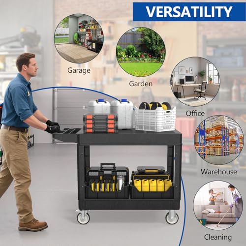Large Garage Flat Top Utility Cart, Heavy Duty 2 Shelf Tool Cart Service Cart Rolling Push Carts with Ergonomic Handle 5" Swivel Casters