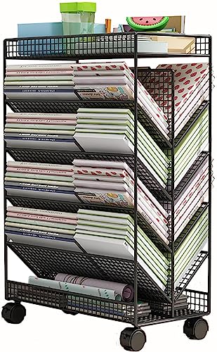 YHKJLYH 6 Tier V Shaped Rolling Book Cart with Lockable Wheels for Home Office Black Color Movable Desk Side Bookshelf for Library Bedroom Study Living Room
