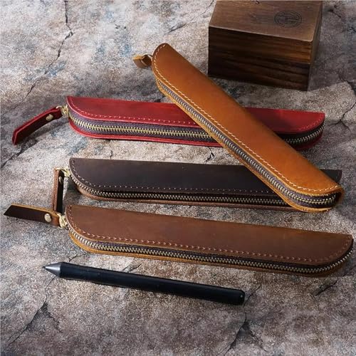 Yingluno Genuine Leather Pencil Holder - Zippered Pen Case Stationery Pouch Vintage Cowhide Pen Bag for School Office and Travel(Black,32pcs)