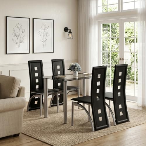 Trygoal 5-Piece Dining Table Set for 4, Table with 4 High Back Chairs, Sliver Black