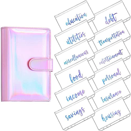ONMYJFD A6 Rainbow Soft PVC Notebook Cover Planner Budget Binder Organizer with 12 Categories Zipper Binder Envelopes for Bill Planner(Black)