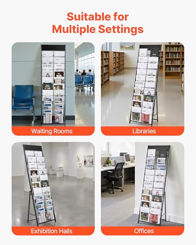 VEVOR Brochure Display Rack, 20 Pockets Magazine Literature Display Stand, Portable Floor Standing Magazine Rack, Metal Newspaper Catalog Holders for Shop, Exhibitions, Office, Trade Show, Black