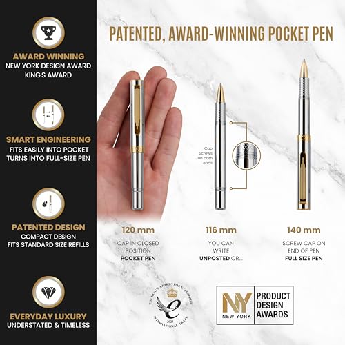 Scriveiner Personalized Silver Chrome Rollerball EDC Pen, Stunning Luxury Heavy Pocket Pen, Real Gold Plating, Best Engraved Roller Ball Gift Set for Men & Women, Custom Name Engraving
