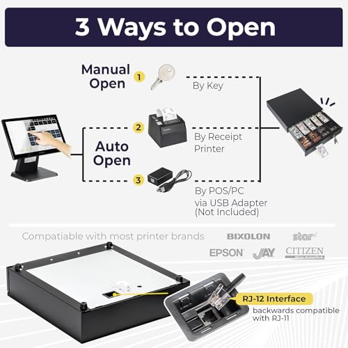 Volcora Electronic Cash Register Drawer for Point of Sale (POS) System, 5 Bill/8 Coin, 16" with Adjustable Coin Slots, 12-24V, RJ11/RJ12 Key-Lock, Media Slot, Black