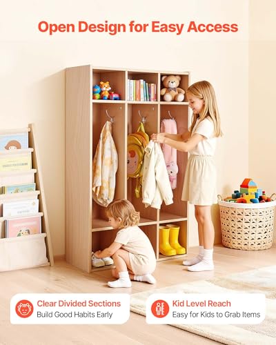 VEVOR 3-Section Coat Locker, Kids Lockers with 6 Hooks & Non-Slip Mat, Classroom Cubbies for Daycare, Home, Kindergarten- Natural