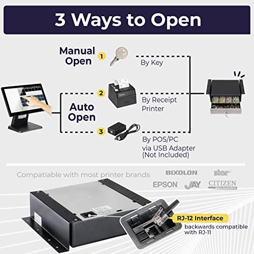 Cash Register Drawer with Under Counter Mounting Bracket - 13" Black Cash Drawer for POS, Stainless Steel Front, 4 Bill 5 Coin, Fully Removable 2 Tier Cash Tray, 12-24V RJ11/RJ12 Key-Lock
