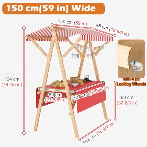 Market Booth Display Cart with Awning, Rolling Ceiling Stand Vendor Cart for Street Event/Trade Show, Wooden Outdoor Retail Booth, Customizable Color(B,150x60CM(59x23.6in))