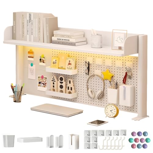 Clamp on Desk Shelf, Multipurpose 2-3 Tier Desk Hutch with Pegboard, Wood Desktop Countertop Storage Organizer Height Adjustable,Desktop Bookshelf for Dorm,Office Home,White tall15in long31in