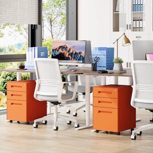 Dripex 3 Drawer Metal Rolling File Cabinet Under Desk Filing Cabinet Orange