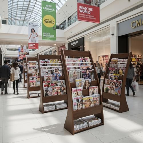YKHTBDL Wooden Magazine Rack, Floor Standing Brochure, Curved Newspaper Display Rack for Office, Clinic, Retail Store, Waiting Room, Reception Area and Home