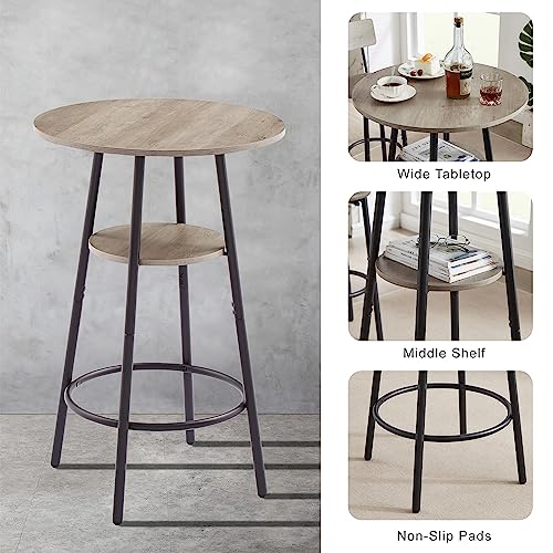 AMNOOL Round Bar Stool Set with Shelf with Backrest and Synthetic Leather Upholstered Stool, Bar Table and Chair Set with Ring Footrest Metal Frame Suitable for Home, Balcony, Office (Grey)