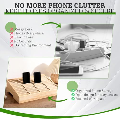 Cell Phone Holder Stand, Wooden Phone Organizer with Multiple Slots, Open Storage Rack for Classroom Office Meeting Room Desk Use(36)