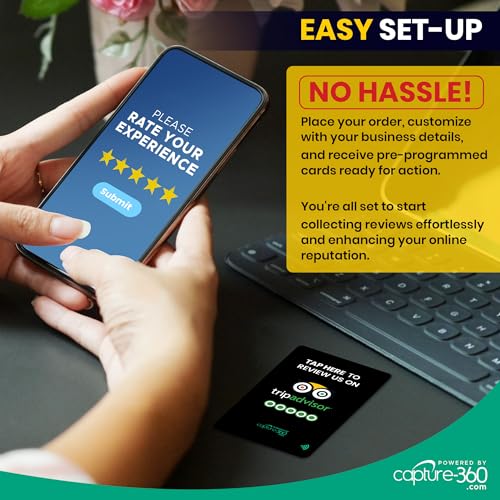 TripAdvisor NFC Review Card - Digital Business Signage, Acrylic Desk Display, Customizable NFC Tag for Effortless Feedback Collection, Quick Activation, Small Business Compatible - Black (Pack of 5)
